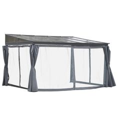 an outdoor gazebo with mosquito netting on the top and side walls, in front of a white background