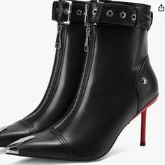 Heel Height Approx 3.5” Sole Material: Rubber Outer Material: Polyurethane (Pu) Leather Punk Heels, Punk Style Pointed Toe Faux Leather Heels, Shoes Heels Boots, Shoes Women Heels, Heeled Boots, Heel Height, Shoes Heels, Black And Red, Boots