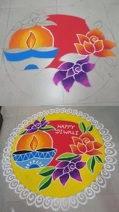 two colorful rangdi designs on the ground for diwali festival, with flowers and leaves