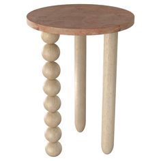 a small wooden table with two legs and three balls on the bottom one leg is made out of wood