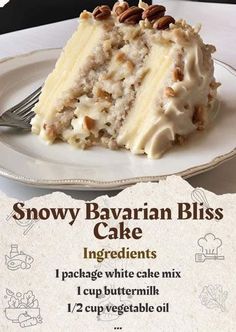 a piece of cake on a plate with a fork next to it and an ad for snowy bavaran bliss cake ingredients