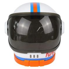 an orange, white and blue helmet is on display