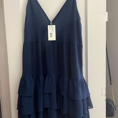 Nwt Ramy Brook Navy Dress Chic Navy Midi Dress With Ruffles, Navy Ruffled Mini Dress, Navy Sleeveless Dress With Ruffles, Navy Midi Dress With Ruffles, Navy Ruffled Midi Dress, Navy Ruffle Dress For Summer, Navy Midi-length Dress With Ruffles, Chic Navy Dress For Vacation, Navy Mini Dress With Ruffles