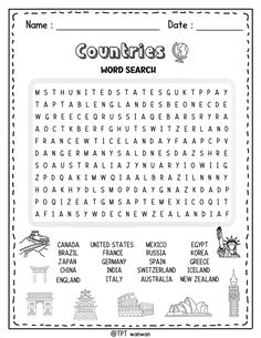 a printable word search for countries with pictures and words to help students learn how to use