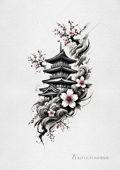 Japanese Blossom Tattoo Back, Japanese Houses Tattoo, Japanese Zodiac Signs Tattoo, Japanese Boat Tattoo, Japanese Pagoda Tattoo Design, Laos Tattoos For Women, Japanese Artwork Tattoo, Japanese Temple Tattoo Stencil, Chinese Flowers Tattoo