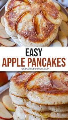 apple pancakes stacked on top of each other with apples in the background and text overlay