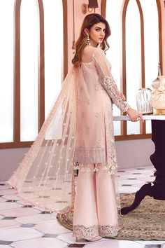 Asian net embroidered dress in pink color is presented for party and casual wear. Asian net embroidered dress with pearls and sequinned embroidered patches. Embroidery Dress Pattern, Pakistani Designer Clothes, Silk Shirts, Readymade Saree, Chiffon Collection, Embroidered Chiffon, Pearl Dress, Clothing Websites, Suit Fabric