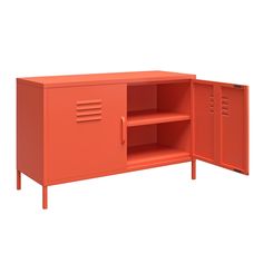 an orange metal cabinet with two doors and shelves