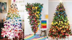 three christmas trees decorated with colorful ornaments