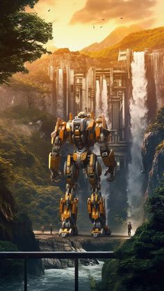 a giant robot standing on top of a bridge in front of a waterfall and forest