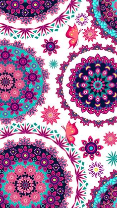 an image of a colorful pattern with flowers and butterflies on white background for fabric or wallpaper