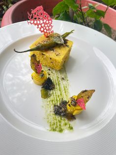 a white plate topped with a piece of cake covered in green sauce and garnish