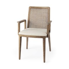 the arm chair is made out of wood and has a white upholstered seat