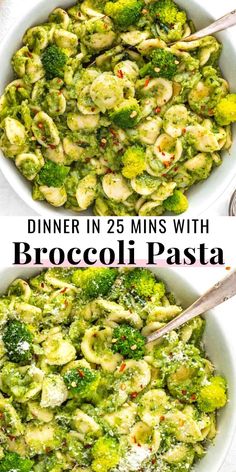 broccoli pasta in two bowls with spoons