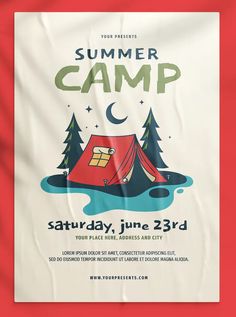 a camp flyer with a tent in the middle and trees around it on a red background