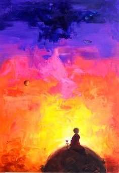 a painting of a person sitting on top of a rock in front of an orange and purple sky