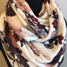 Cream Colored Infinity Scarf With Pink, Mauve, Purple And Gray Flowers And Accents. Very Soft! Olive Green Scarf, Purple Infinity, Cheetah Print Scarf, Purple Shawl, Chunky Infinity Scarves, H M Accessories, Leather Jewels, Pink Confetti, Mauve Purple