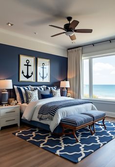 Coastal Preppy Bedroom White Beachy Bedroom, Nautical Bedroom Master, Coastal Blue Bedroom, Coastal Preppy Bedroom, New England Bedroom, Preppy Bedroom Ideas, Nautical Interior Design, Nautical Motifs, Nautical Elements