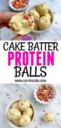 cake batter protein balls with sprinkles in bowls and on the table next to them