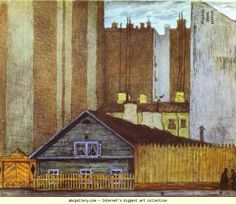 a drawing of a house in the middle of a city with tall buildings behind it