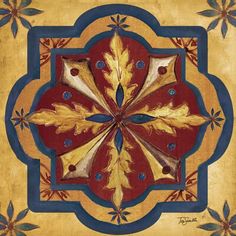 an artistic painting with gold, blue and red colors in the center is a circular design