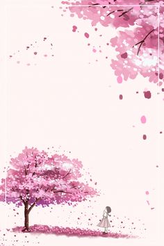 a girl is standing under a pink tree