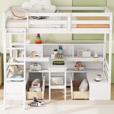 a white bunk bed sitting next to a desk and bookshelf in a child's room