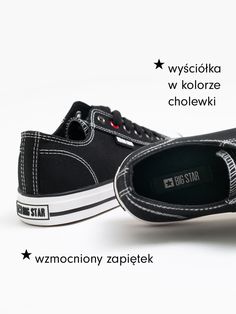 Czarne damskie trampki to buty, które chyba każda kobieta ma w swojej szafie. Jednak te z kolekcji BIG STAR nie są kolejnymi zwykłymi trampkami. Co je wyróżnia? Wyściółka w kolorze cholewki, wzmocniony zapiętek, dodatkowy panel materiału przy sznurówkach, ozdobne przeszycie na pięcie, a także żakard z logo na języku i logowanie w formie gumowanej flagi. Dzięki temu nie musisz martwić się o swój komfort, a także o to, że w czarnych trampkach wyglądasz mało oryginalnie ? jest wręcz przeciwnie! Trendy Black Sneakers With Vulcanized Sole, Black Textile Sneakers With Vulcanized Sole, Trendy Black Low-top Canvas Shoes, Trendy Black Flat Heel Sneakers, Trendy Cushioned Canvas Shoes For Streetwear, Black Sporty Canvas Shoes, Black Sporty Textile Canvas Shoes, Trendy Black Canvas Shoes For Sports, Trendy Textile Sneakers With Flat Heel