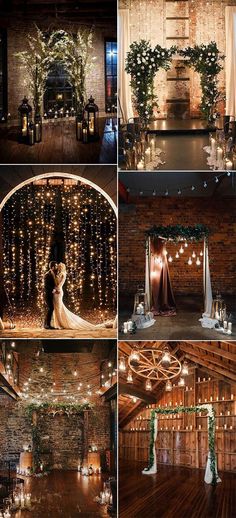 a collage of photos showing the inside of a barn with lights and greenery