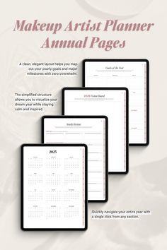 the makeup artist planner is shown in three different sizes