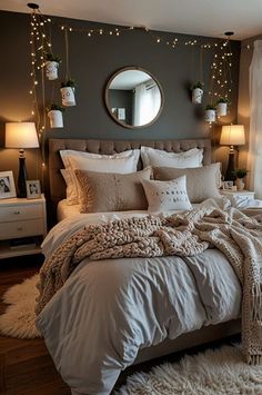 a bedroom with a large bed covered in blankets and pillows