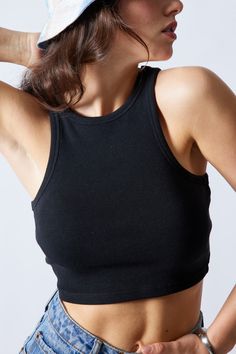 Racer Tank Black ribbed tank. Scoop neck Racerback Fitted, cropped Rib Crop Top, Black Racer, Korean Streetwear, Cashmere Dress, High Neck Sleeveless, Ribbed Crop Top, Ribbed Tank Tops, Streetwear Outfits, Sweater Sale