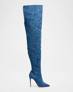 Christian Louboutin Kate Denim Embroidered Red Sole Over-The-Knee Boots