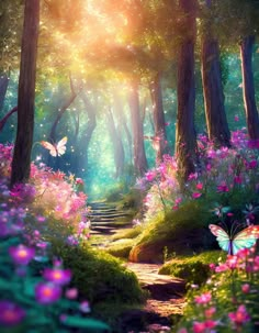 a path in the middle of a forest with pink flowers and butterflies flying over it