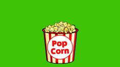 a popcorn bucket with the word pop corn in it on a green screen background illustration