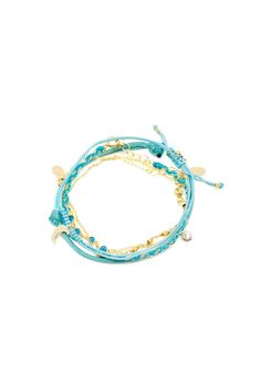 Set of five stackable bracelets includes : 

NILE - Hand Braided Bracelet 

CYAN - Turquoise CZ Bracelet 

RUBIC - Gold Beaded Bracelet 

MOONLIGHT - Pull Cord Bracelet 

TIFFANY - Pull Cord Bracelet 

All bracelets are adjustable with their sliding knot or extension chains between 16-20 cm 

When purchased as a set, the bracelets cannot be personalized.

To order the bracelets one by one you may click on their link above. Gold Beaded Bracelet, Cz Bracelet, Blue Tone, Gold Bead Bracelets, Braided Bracelet, Cord Bracelet, Sliding Knot, Stackable Bracelets, Cord Bracelets