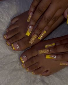 Cute Nail Designs With Bf Initial, Yellow Frenchies Acrylic Nails, Dark Yellow Nails Acrylic, Nails 2023 Trends Summer Black Women, Mail Ideas Black Women, Nail Designs Yellow Nails, Medium Length Coffin Acrylic Nails Fall, Yellow Freestyle Nails, Square Nails Black Women