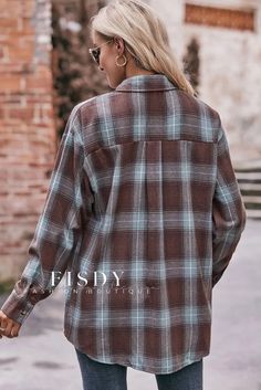 Fisdy - Camisa refinada con bolsillos de solapa y cuadros de palma del desierto Desert Palm, Weave Style, Plaid Fashion, Plaid Fabric, Pocket Shirt, Button Front Shirt, Tunic Length, Plaid Print, Womens Plaid