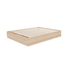 a wooden bed frame with slats on the top and bottom, in front of a white background