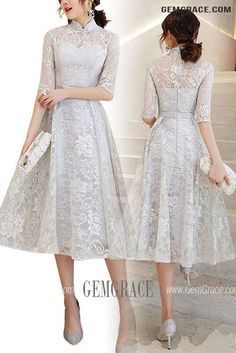 10% off now|Free shipping world-wide. Elegant Grey Lace Tea Length Party Dress With Half Sleeves Collar at GemGrace. Click to learn our pro custom-made service for wedding dress, formal dress. View #WeddingGuestDresses for more ideas. Formal Summer Tea-length Lace Dress, Summer Wedding Midi Dress With Half Sleeves, Elegant Half Sleeve Midi Dress For Wedding, Elegant Half Sleeve Midi Wedding Dress, Spring Banquet Short Sleeve Lace Dress, Half Sleeve Lace Dress For Spring Party, Elegant Half Sleeve Lace Dress For Spring, Elegant Gray Lace Dress, Silver Lace Dress For Spring