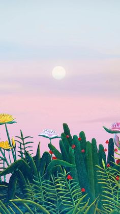 a painting of flowers and plants in front of a pink sky