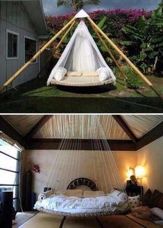 there are two pictures of a bed in the same room and one has a hammock hanging from it