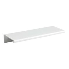 a white shelf that is on the side of a wall and has a metal handle