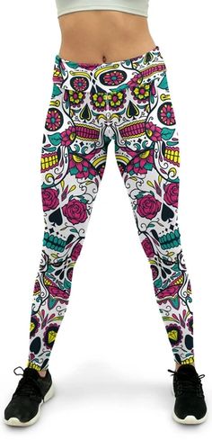 Colorful Sugar Skull Yoga Pants Casual Multicolor Pants With All Over Print, Casual Multicolor All Over Print Pants, Casual Multicolor All-over Print Pants, Fun White Bottoms For Spring, Casual White Festival Pants, White Casual Pants For Festival, Casual White Pants For Festival, White Stretch Printed Pants, Fun Fitted White Bottoms