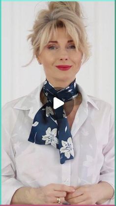 Tying A Square Silk Scarf, How To Style White Shirt With Scarf, Long Narrow Scarf Tying, How To Tie Scarfs Tutorials, How To Tie A Long Silk Scarf, How To Tie A Neck Scarf Silk, Ways To Tie A Silk Scarf, Scarf With Collared Shirt, Ways To Tie A Scarf Around Your Neck