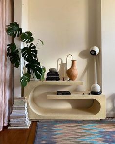 a living room with a plant, vase and books on a shelf in the corner