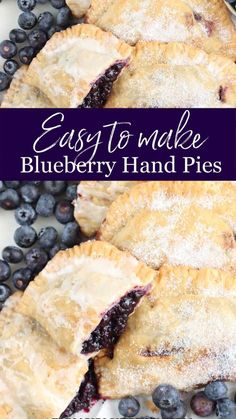 easy to make blueberry hand pies with powdered sugar on top and fresh blueberries in the background