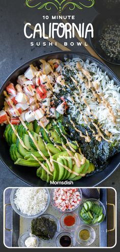 sushi bowl with chopsticks, rice and vegetables