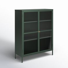 a green metal cabinet with glass doors on the front and bottom, against a white background