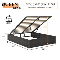 the queen size bed frame is shown with measurements